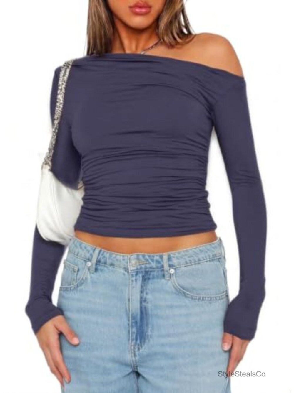 Womens Off Shoulder Long Sleeve Ribbed Knit Y2K Going Out Top